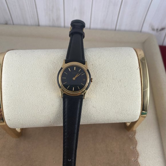 Gold and Black Enamel Bezel Seiko Watch New Black Leather Strap